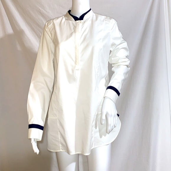 Rani Arabella EUC shirt blouse with navy contrast trim on collar and cuffs, M - Picture 2 of 9